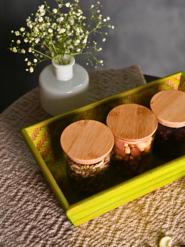 Handmade Bamboo Rectangular Basket - Green - Image 3