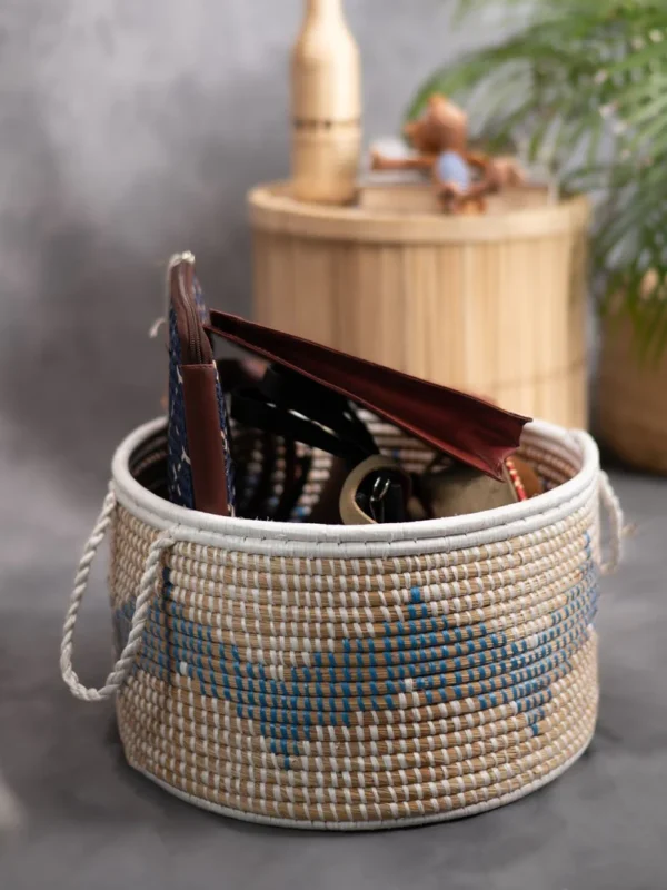 Handmade Moonj Grass Declutter Basket - Indigo-Wave - Image 4